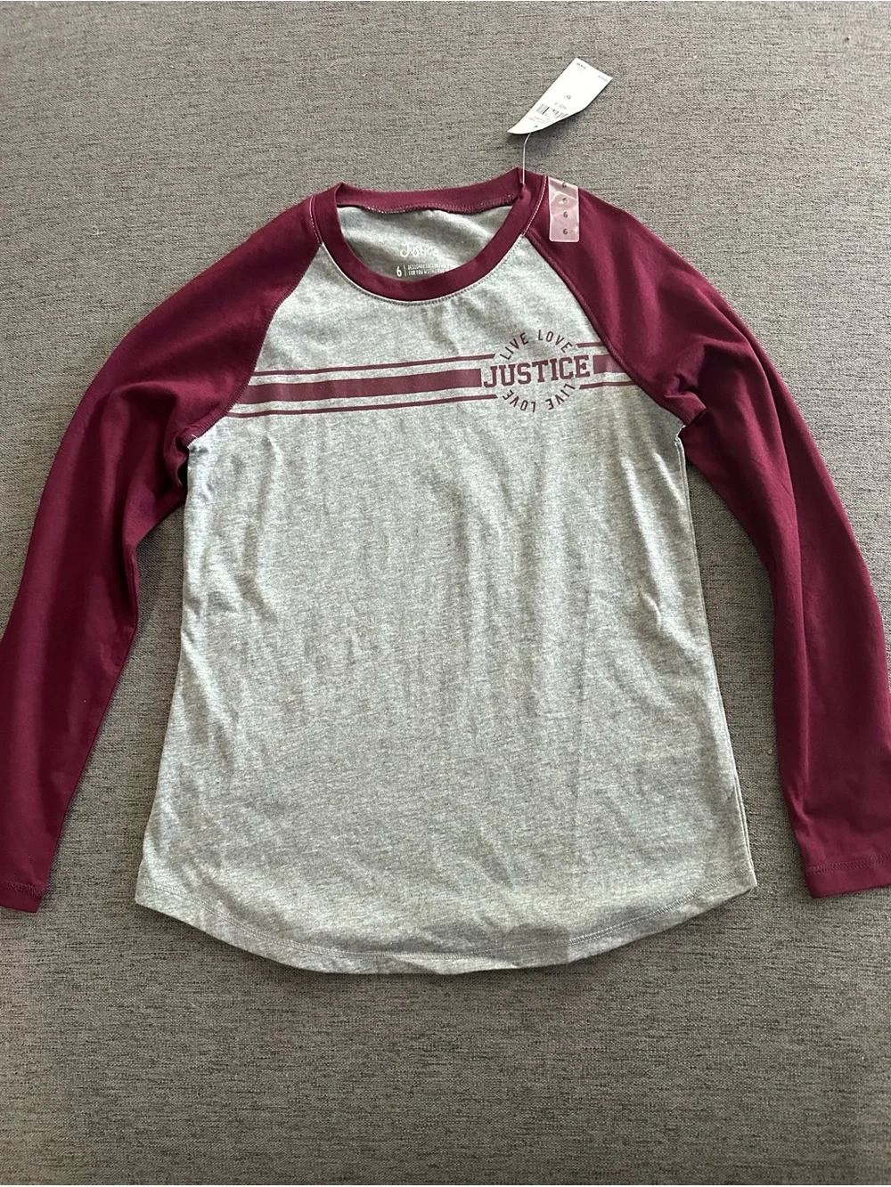 Justice Raglan Tee - Grey Body with Burgundy Trim